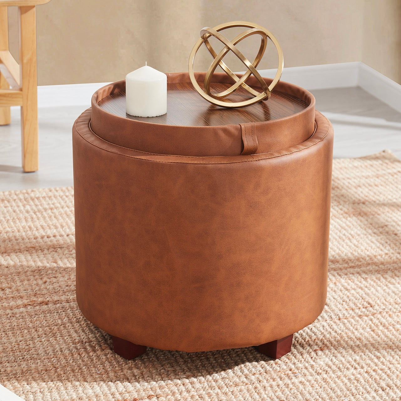 Lawrence Round Faux Leather Storage Ottoman with Table Top Lid
