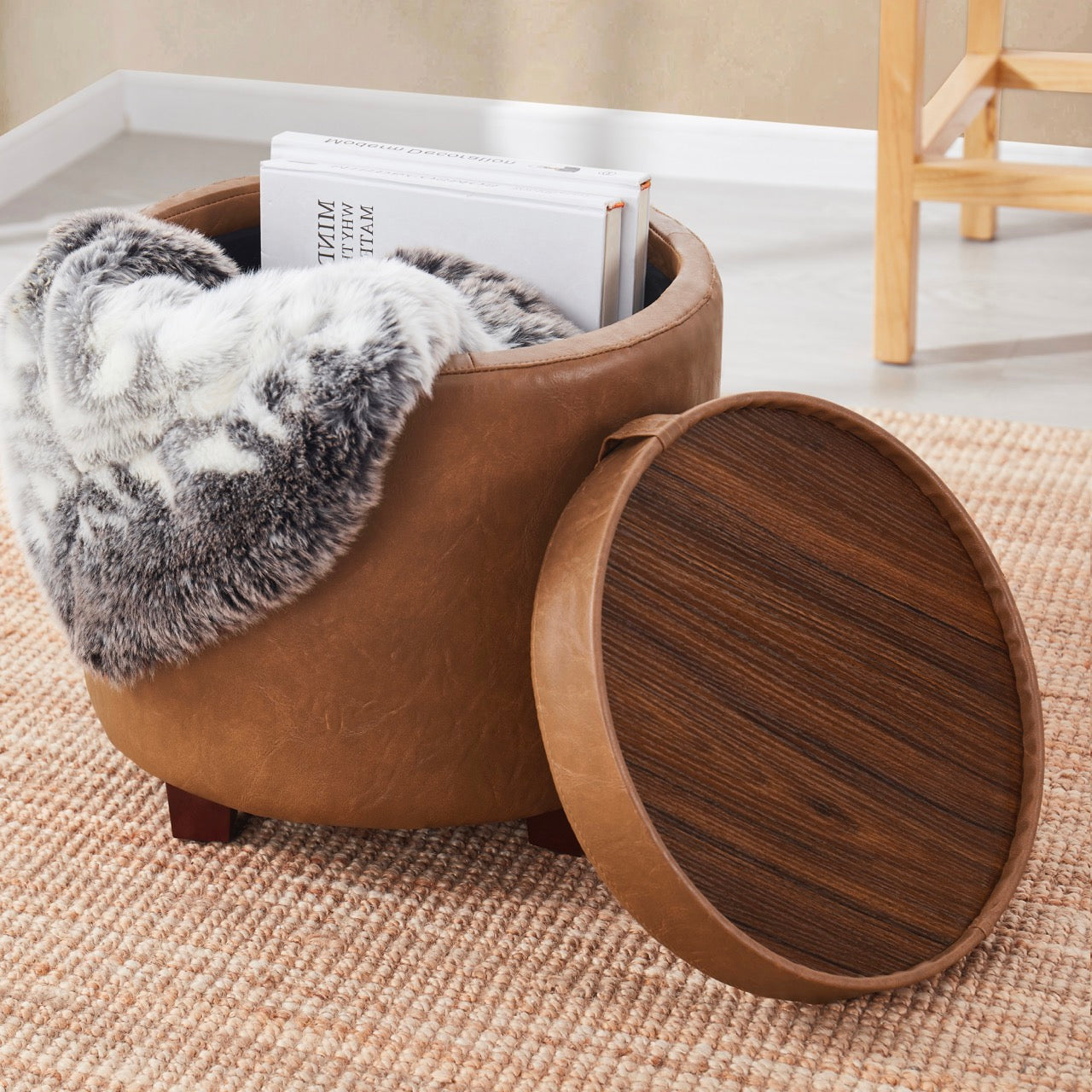 Lawrence Round Faux Leather Storage Ottoman with Table Top Lid