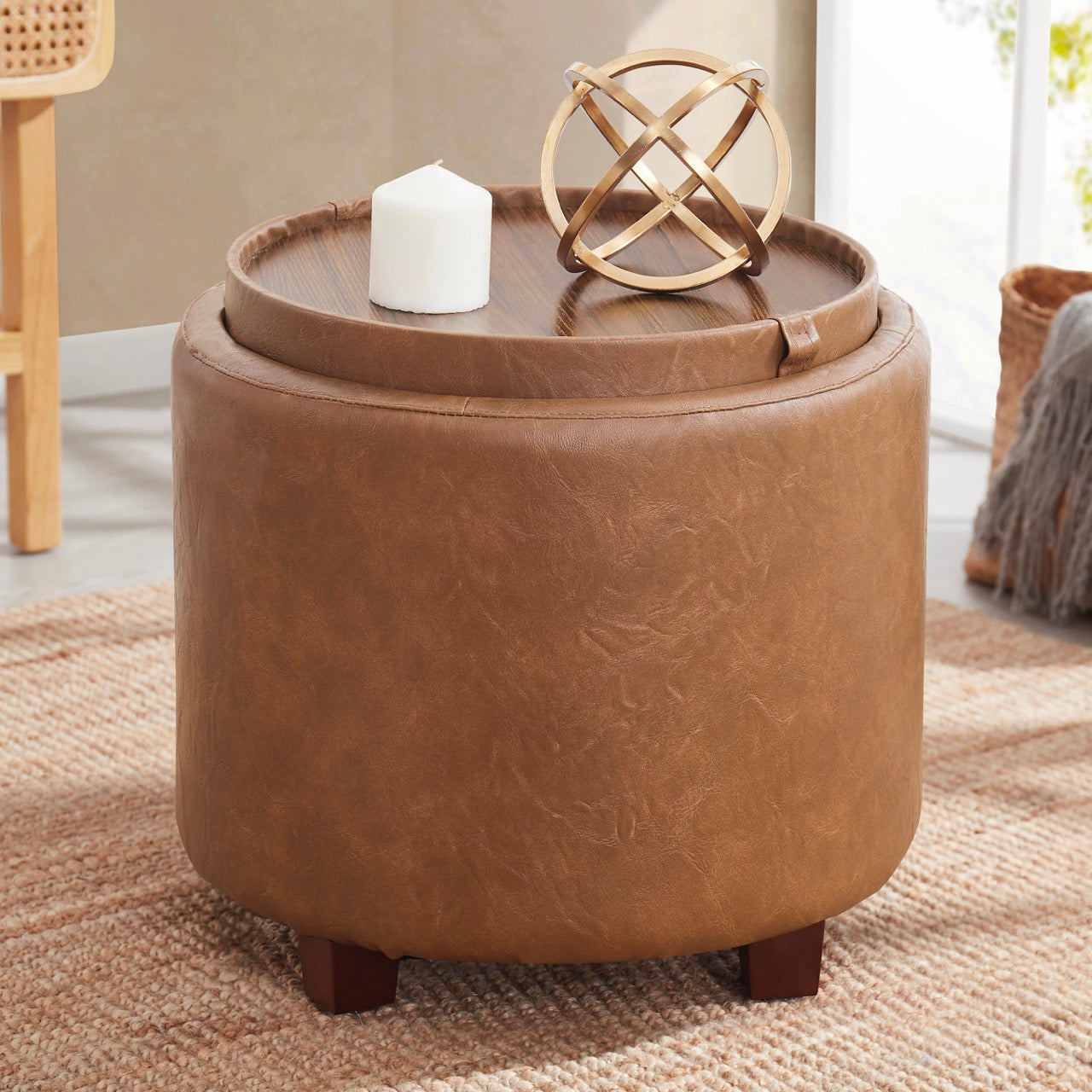 Lawrence Round Faux Leather Storage Ottoman with Table Top Lid