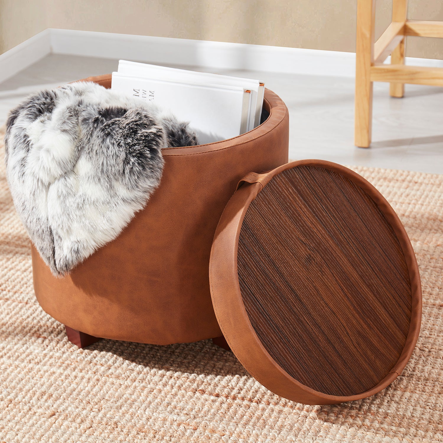 Lawrence Round Faux Leather Storage Ottoman with Table Top Lid - Cognac