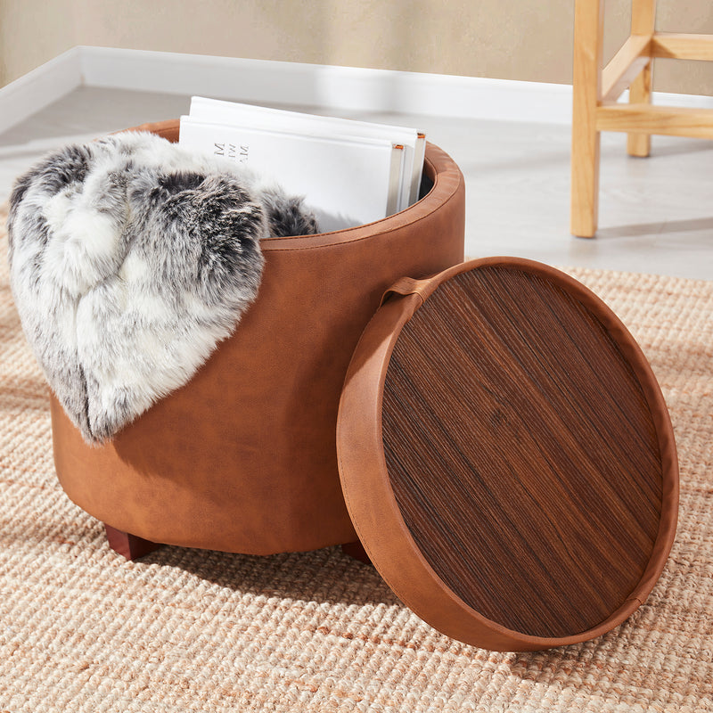 Lawrence Round Faux Leather Storage Ottoman with Table Top Lid - Cognac