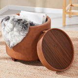 Lawrence Round Faux Leather Storage Ottoman with Table Top Lid - Cognac