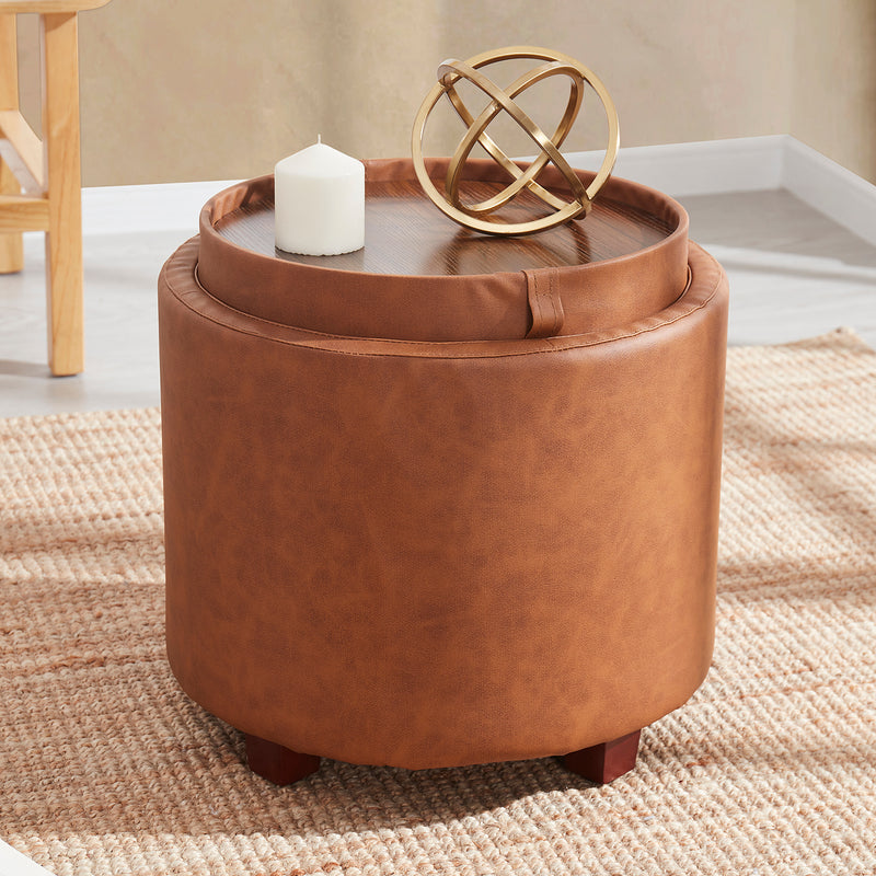 Lawrence Round Faux Leather Storage Ottoman with Table Top Lid - Cognac