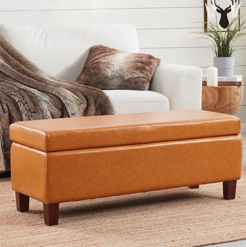 Hamilton Faux Leather Long Bench Storage Ottoman with Easy Lift Hinge Lid - Cognac