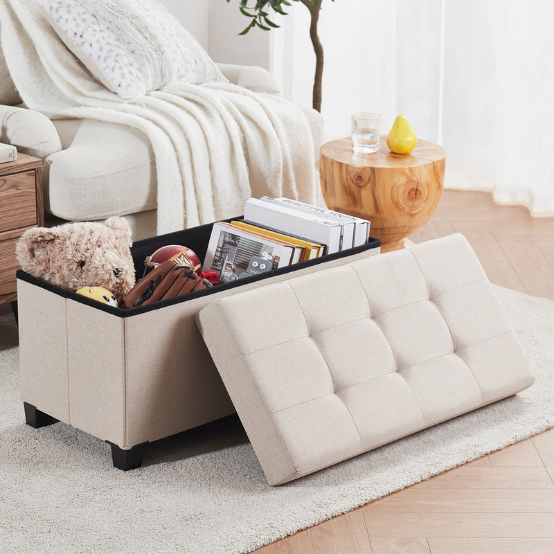Foldable Tufted 30 Inch Linen Bench Storage Ottoman with Legs - Beige