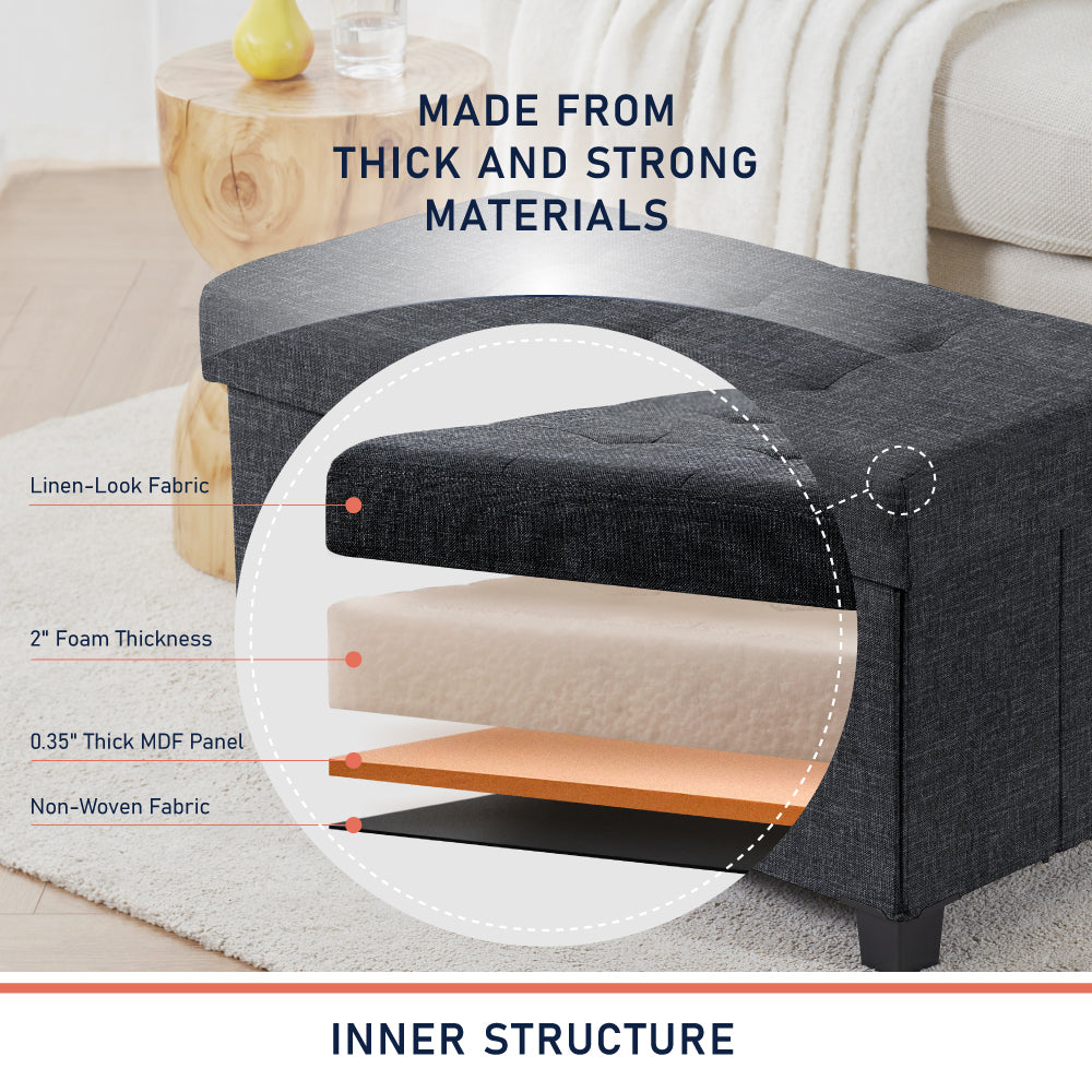 Foldable Tufted 30 Inch Linen Bench Storage Ottoman with Legs - Black