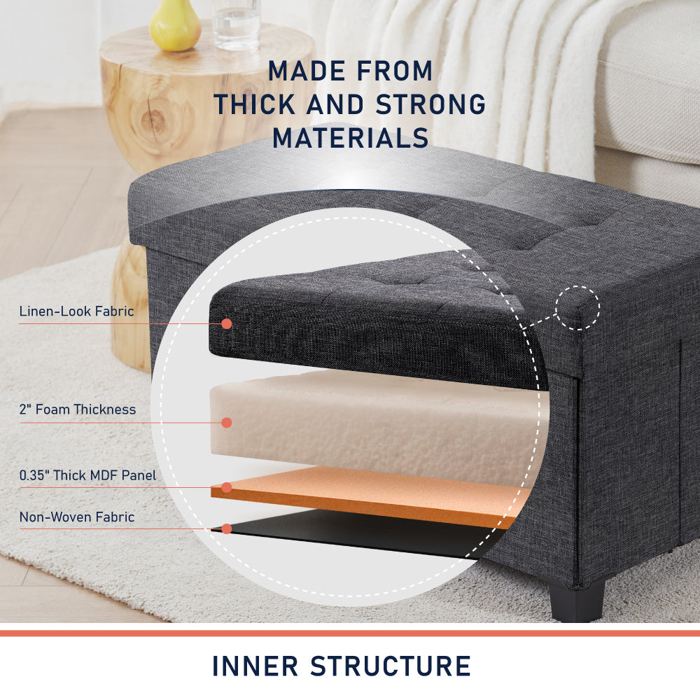Foldable Tufted 30 Inch Linen Bench Storage Ottoman with Legs - Charcoal Gray