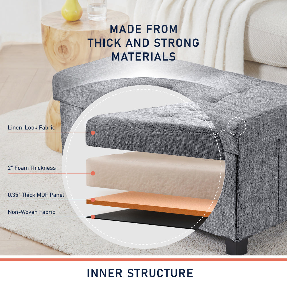 Foldable Tufted 30 Inch Linen Bench Storage Ottoman with Legs - Gray