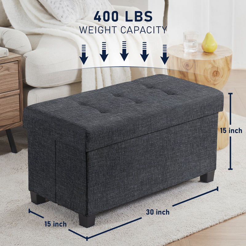 Foldable Tufted 30 Inch Linen Bench Storage Ottoman with Legs - Black
