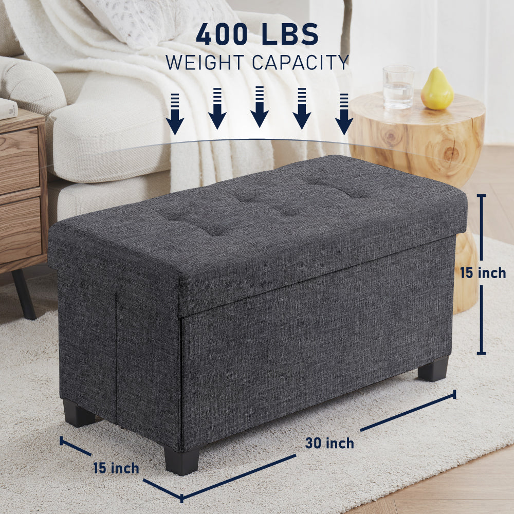 Foldable Tufted 30 Inch Linen Bench Storage Ottoman with Legs - Charcoal Gray