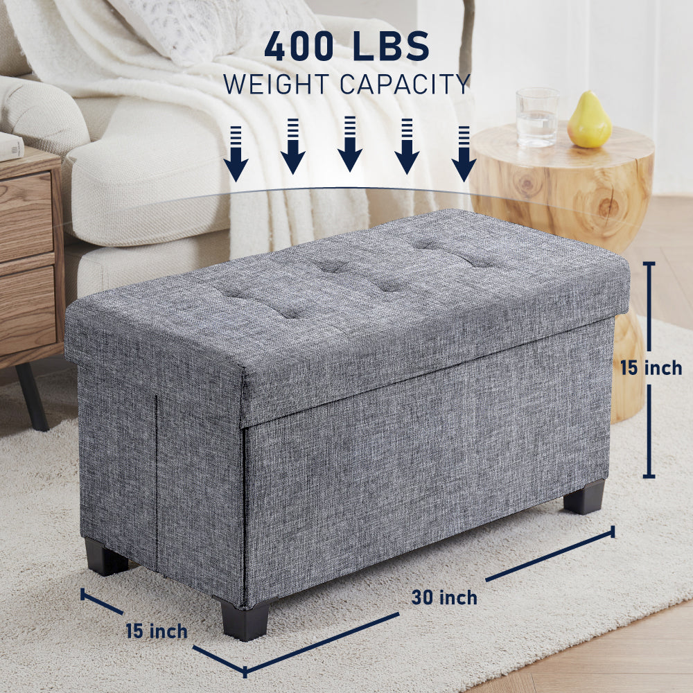 Foldable Tufted 30 Inch Linen Bench Storage Ottoman with Legs - Gray