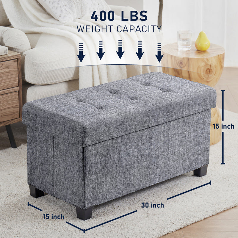 Foldable Tufted 30 Inch Linen Bench Storage Ottoman with Legs - Gray