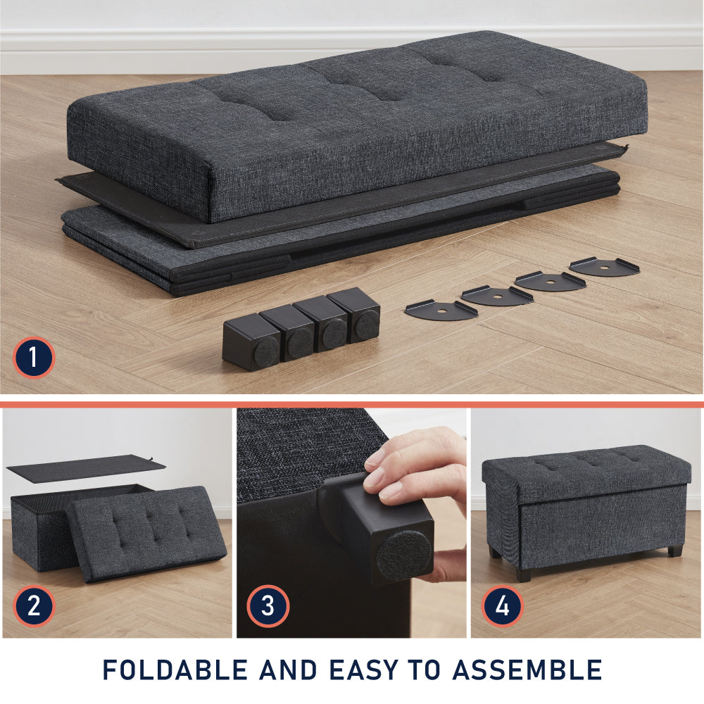 Foldable Tufted 30 Inch Linen Bench Storage Ottoman with Legs - Black