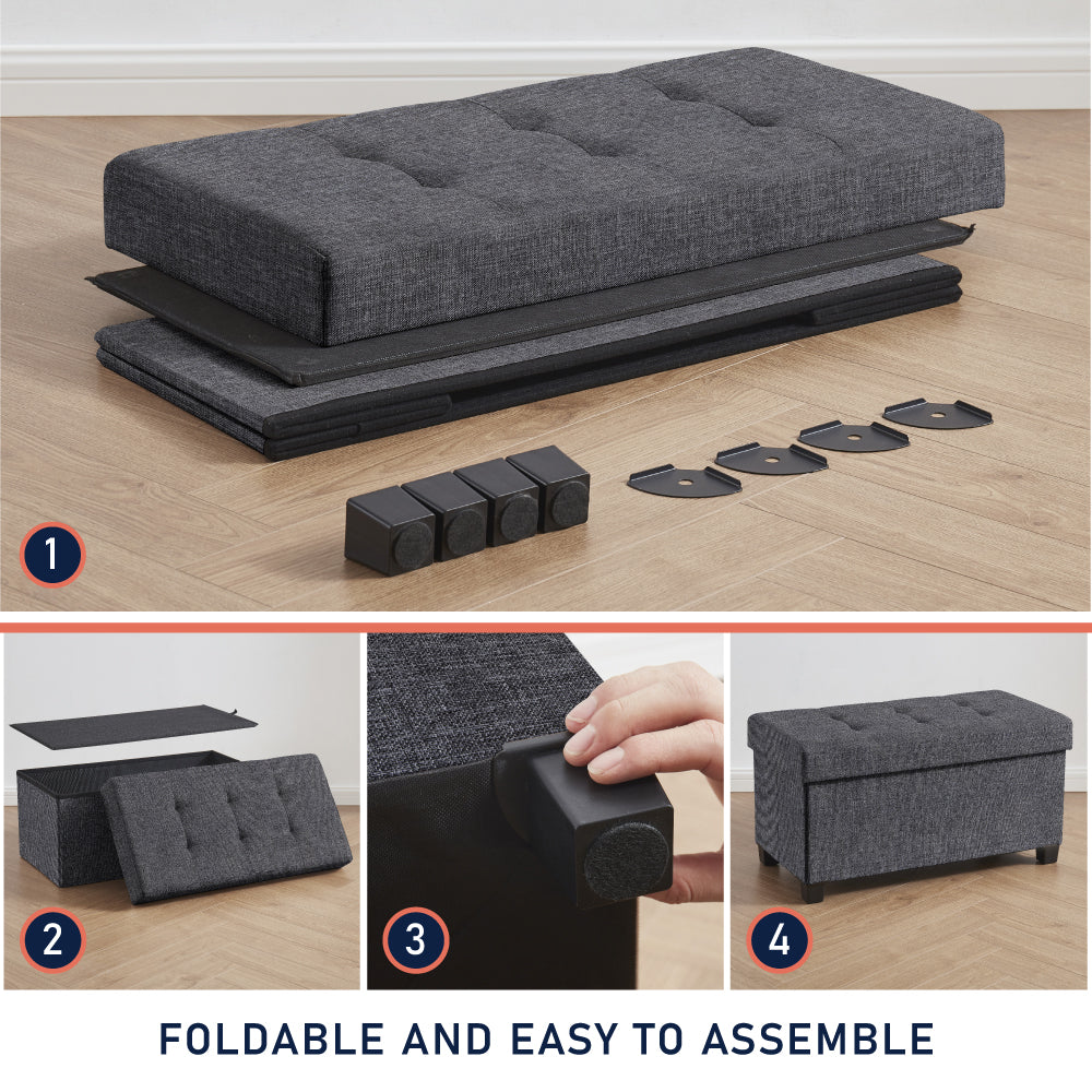 Foldable Tufted 30 Inch Linen Bench Storage Ottoman with Legs - Charcoal Gray