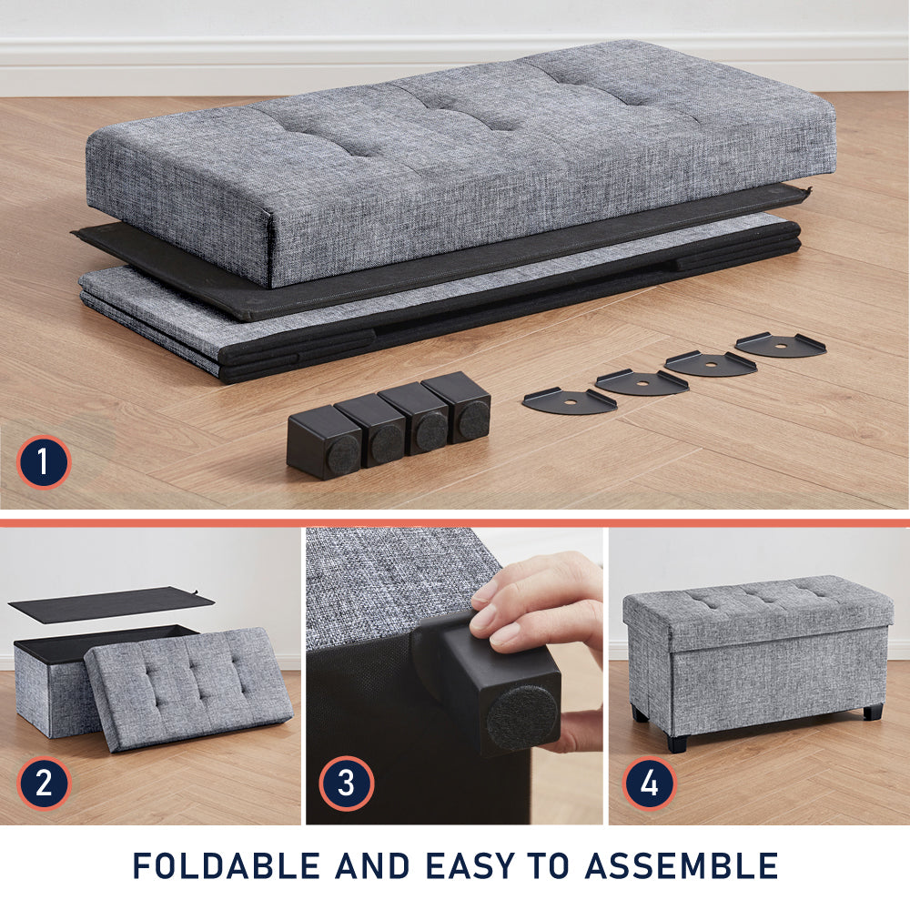 Foldable Tufted 30 Inch Linen Bench Storage Ottoman with Legs - Gray