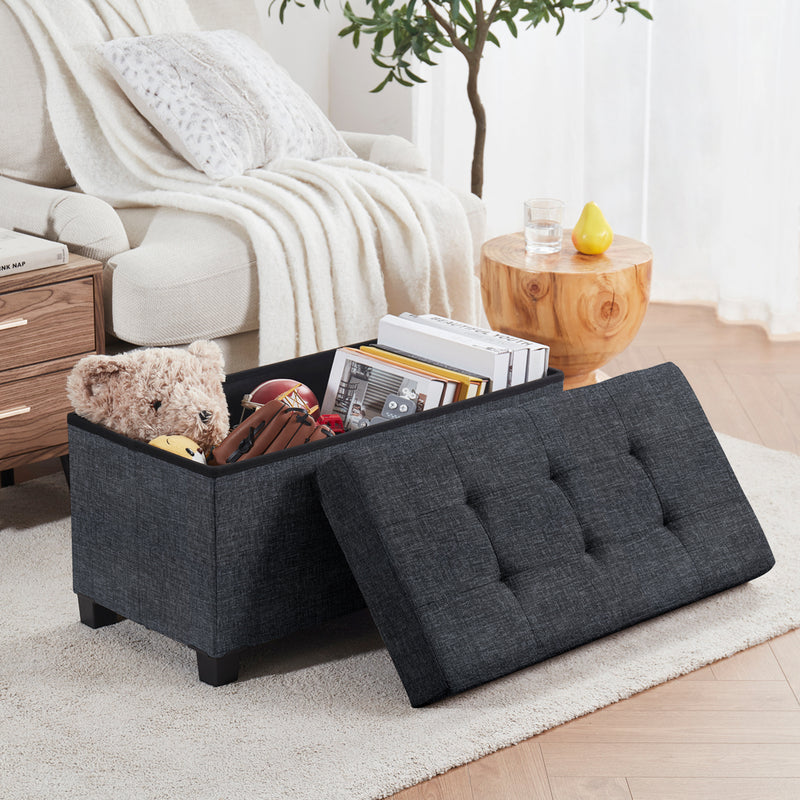Foldable Tufted 30 Inch Linen Bench Storage Ottoman with Legs - Black