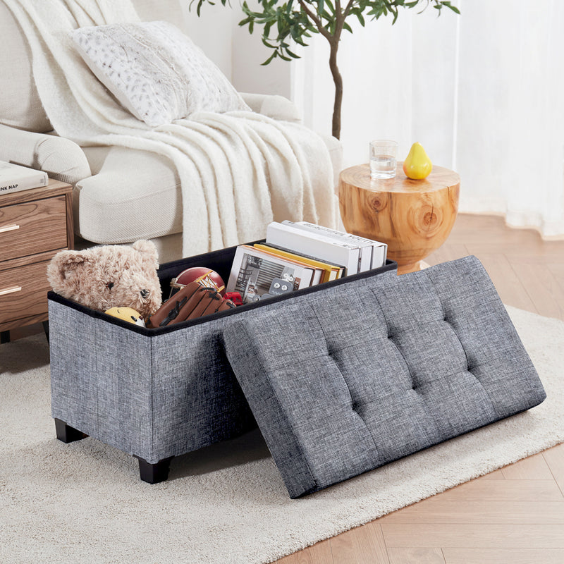 Foldable Tufted 30 Inch Linen Bench Storage Ottoman with Legs - Gray