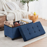 Foldable Tufted 30 Inch Linen Bench Storage Ottoman with Legs - Navy