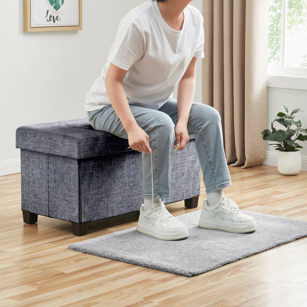 Foldable Tufted 30 Inch Linen Bench Storage Ottoman with Legs - Gray