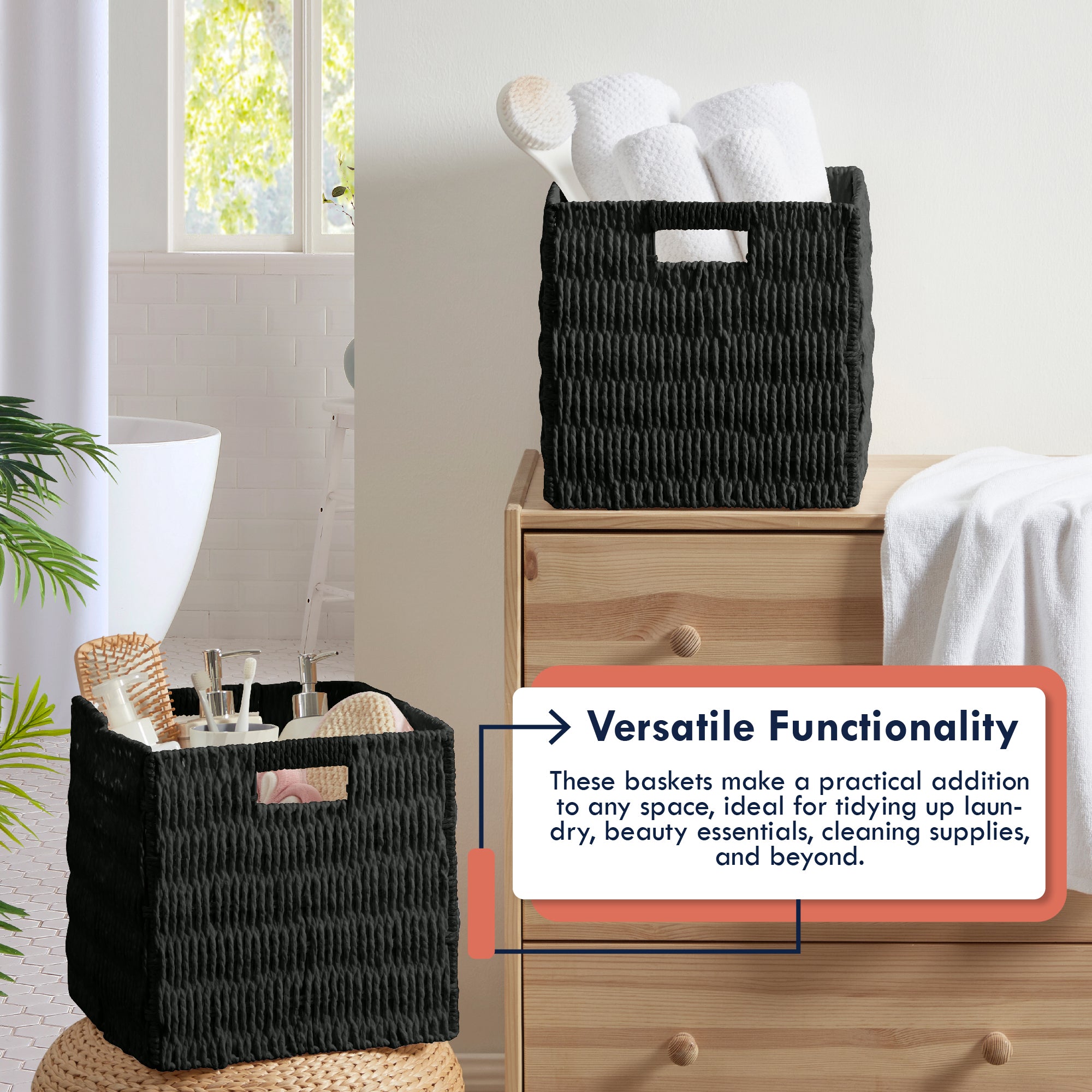 Foldable Paper Wicker Storage Shelf Basket Cube Bin with Handles - Black