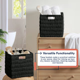 Foldable Paper Wicker Storage Shelf Basket Cube Bin with Handles - Black