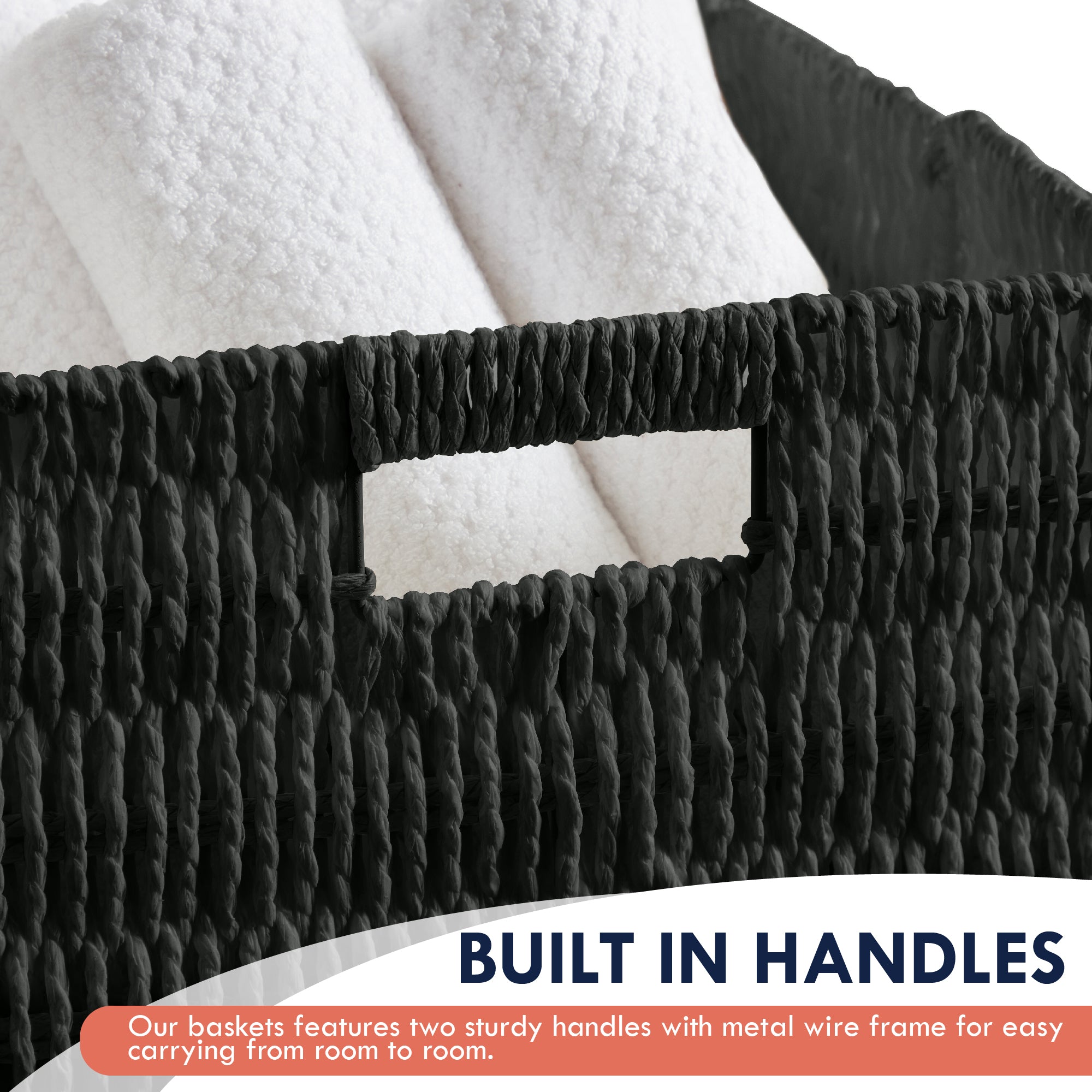 Foldable Paper Wicker Storage Shelf Basket Cube Bin with Handles - Black