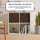Foldable Paper Wicker Storage Shelf Basket Cube Bin with Handles - Brown