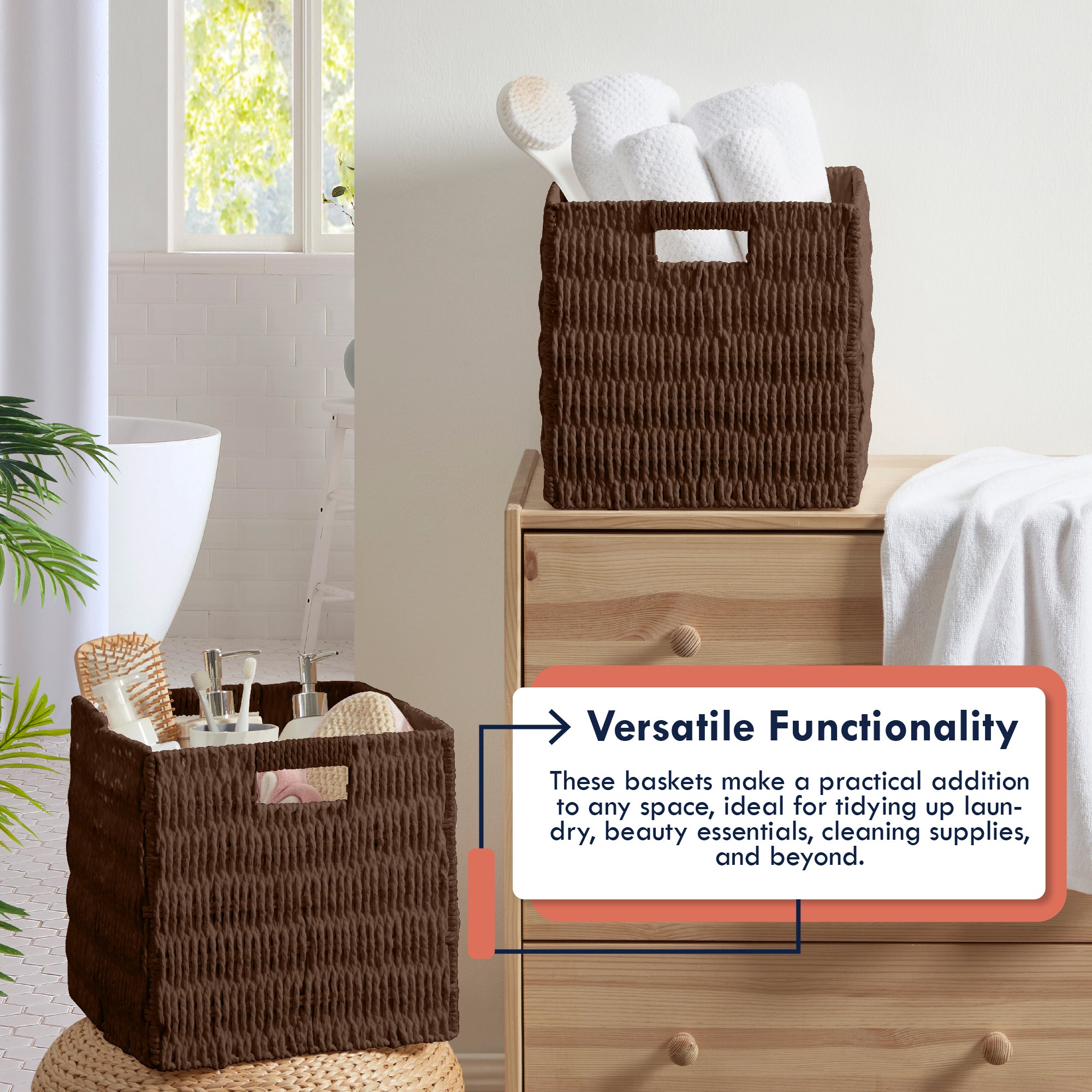 Foldable Paper Wicker Storage Shelf Basket Cube Bin with Handles - Brown