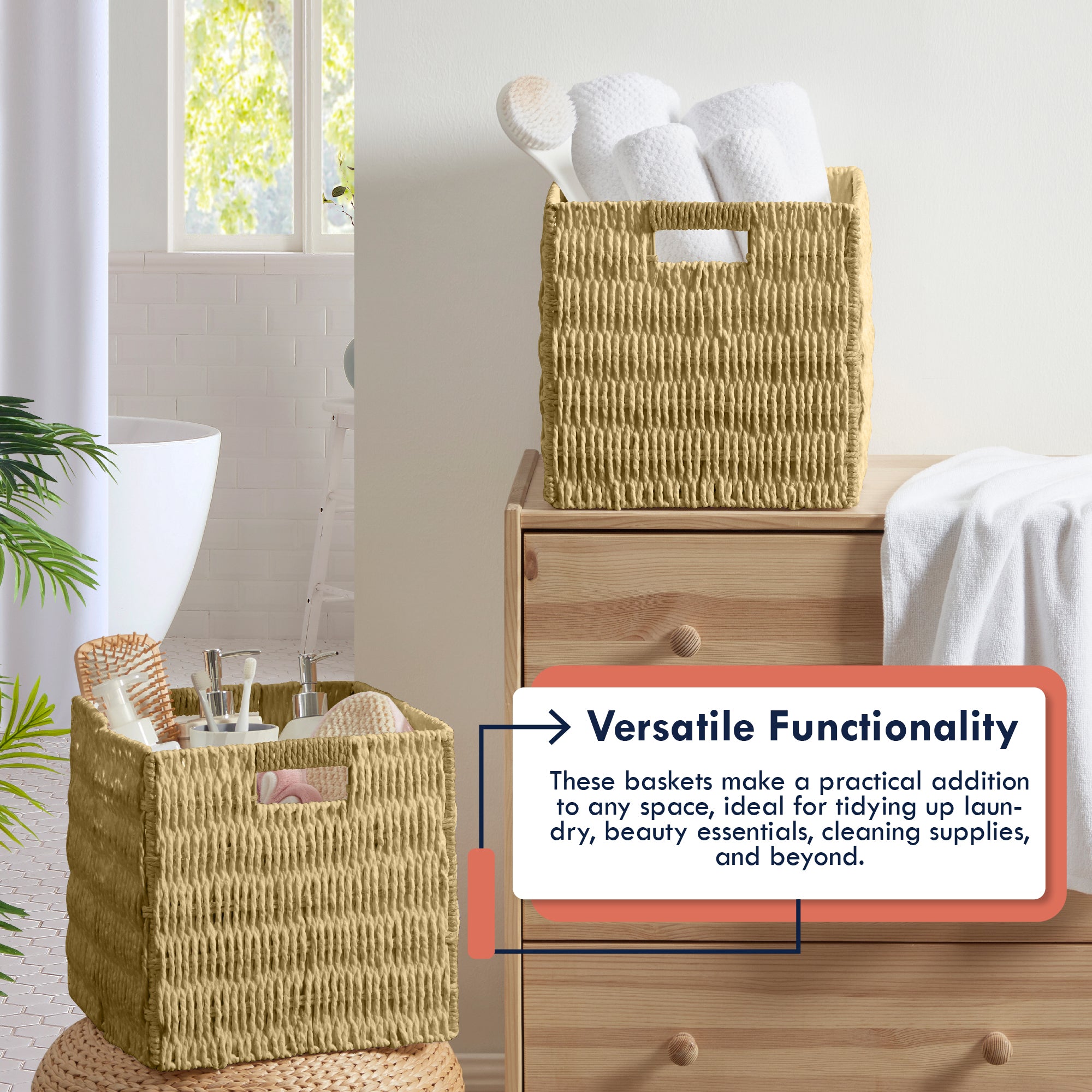 Foldable Paper Wicker Storage Shelf Basket Cube Bin with Handles - Taupe