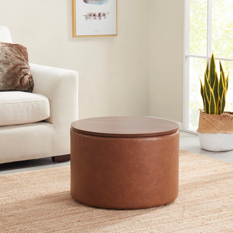 Parker Round Faux Leather Coffee Table Storage Ottoman - Mocha