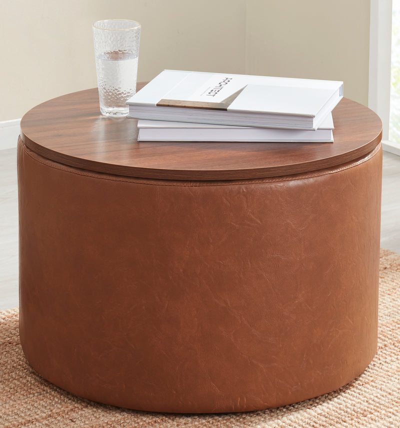 Parker Round Faux Leather Coffee Table Storage Ottoman - Mocha