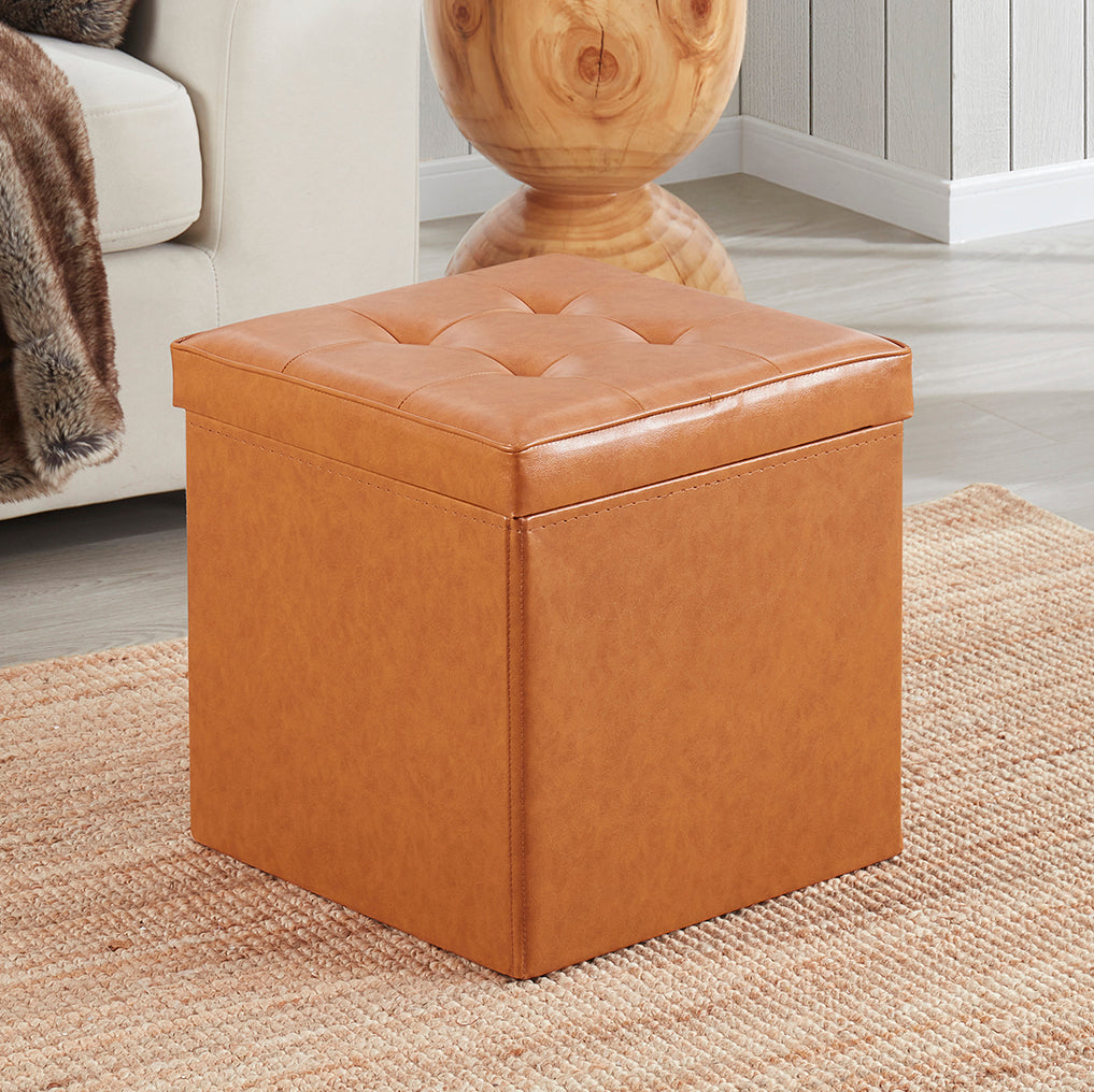 Collapsible Tufted Faux Leather Square Coffee Table Storage Ottoman - Cognac
