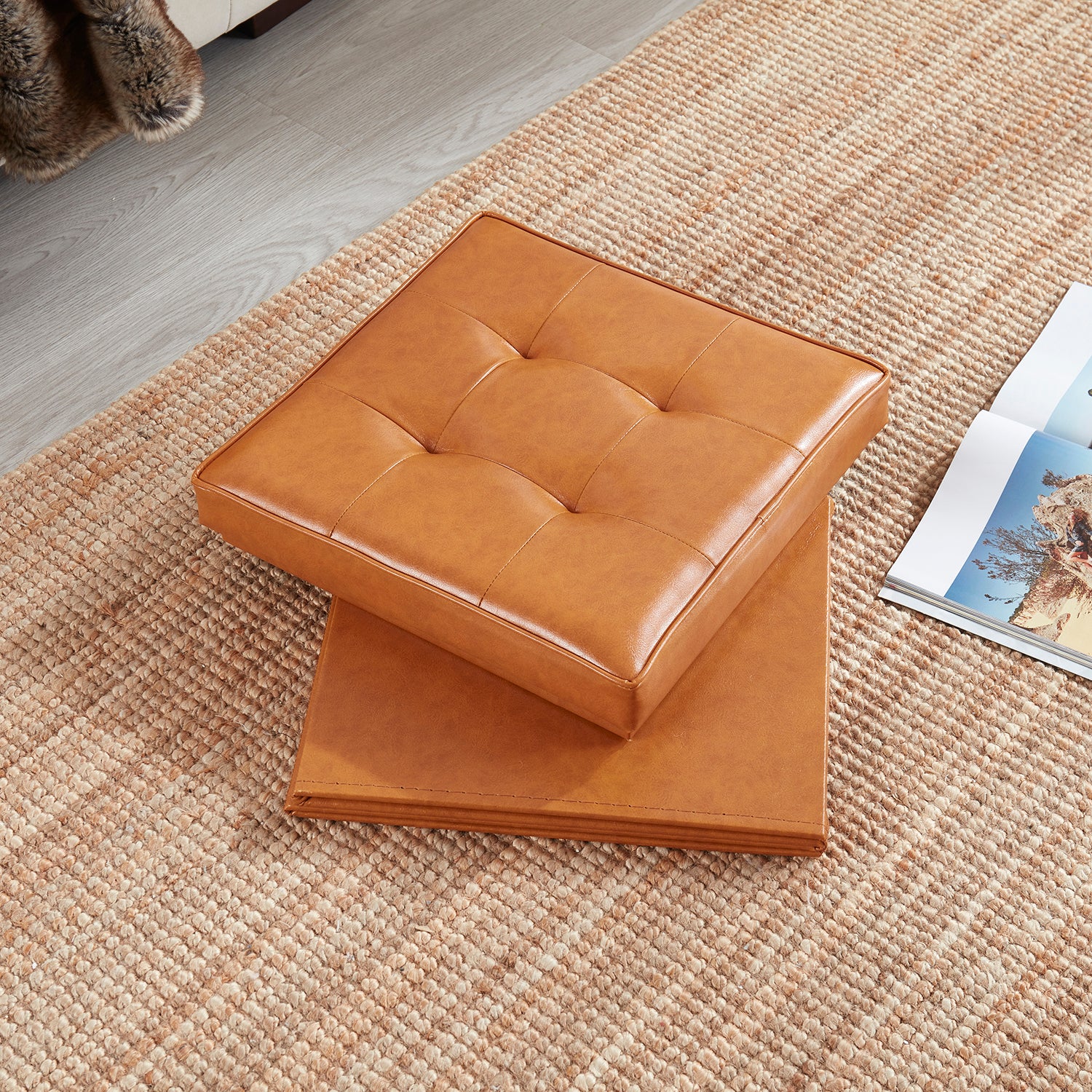 Collapsible Tufted Faux Leather Square Coffee Table Storage Ottoman - Cognac