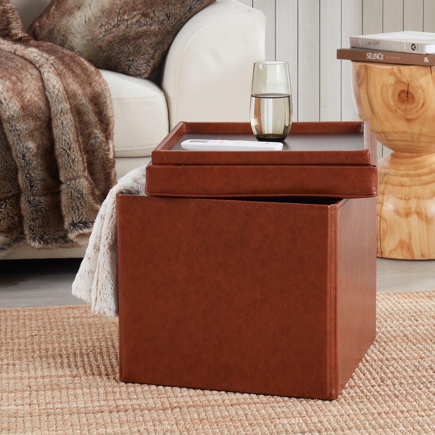 Collapsible Tufted Faux Leather Square Coffee Table Storage Ottoman