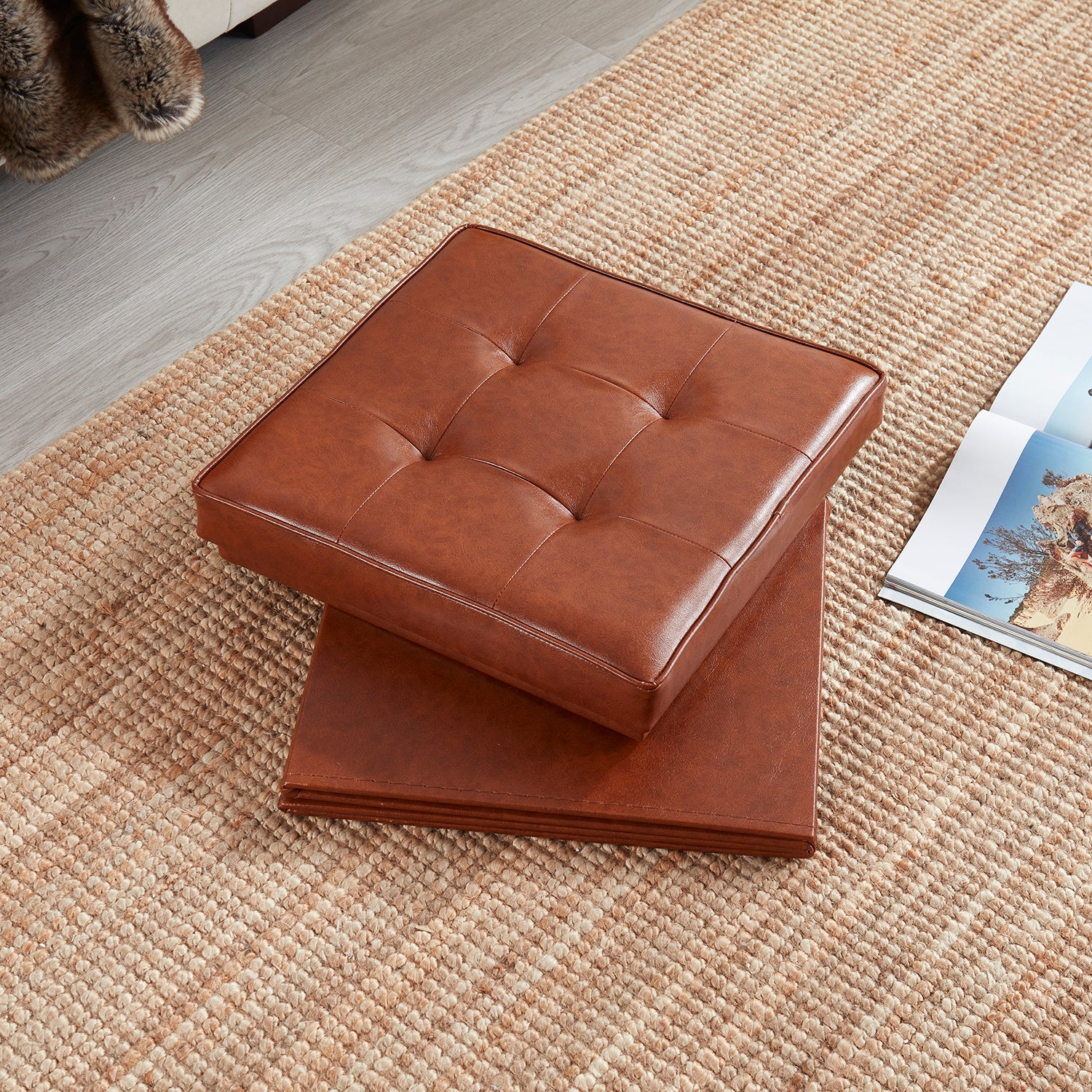 Collapsible Tufted Faux Leather Square Coffee Table Storage Ottoman