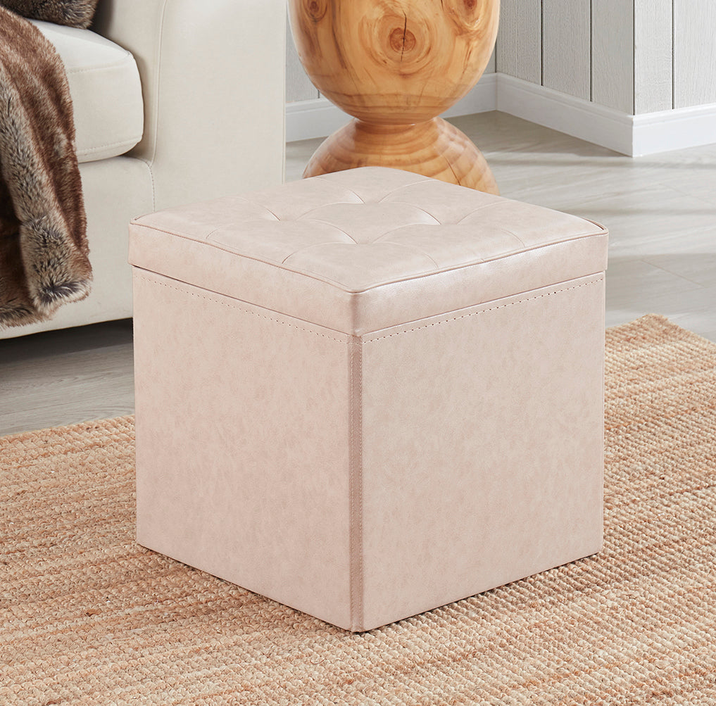 Collapsible Tufted Faux Leather Square Coffee Table Storage Ottoman - Cream