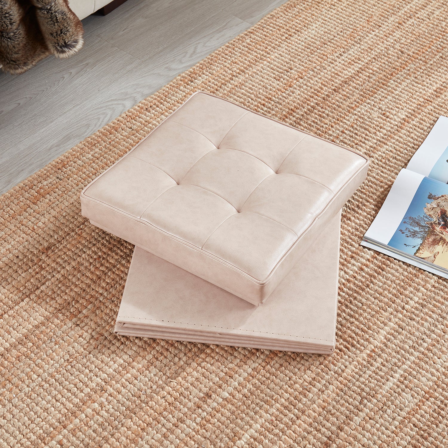 Collapsible Tufted Faux Leather Square Coffee Table Storage Ottoman - Cream