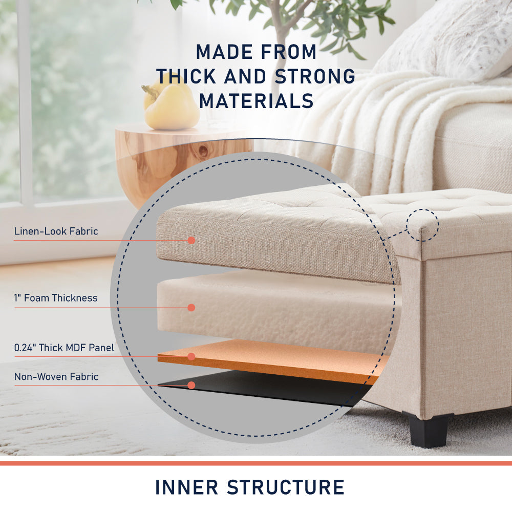Foldable Tufted 15 Inch Square Linen Storage Ottoman with Legs