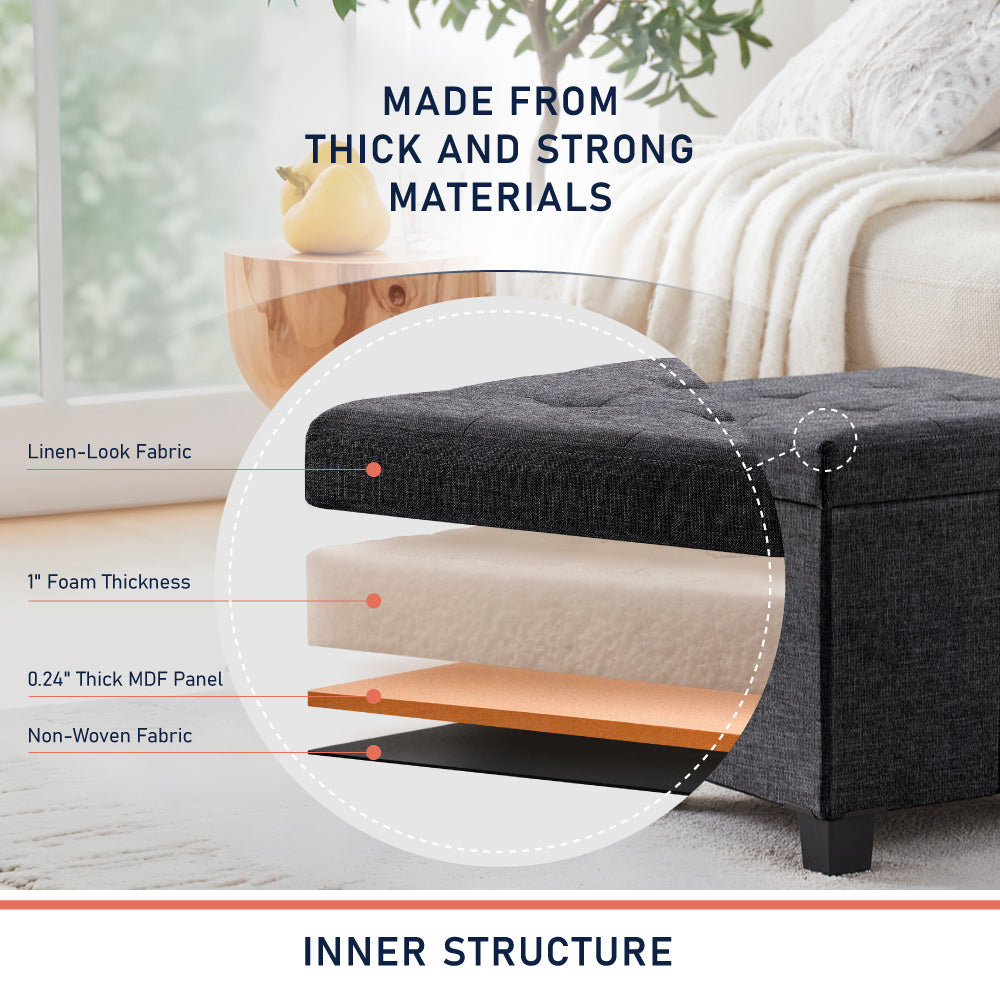 Foldable Tufted 15 Inch Square Linen Storage Ottoman with Legs - Charcoal Gray