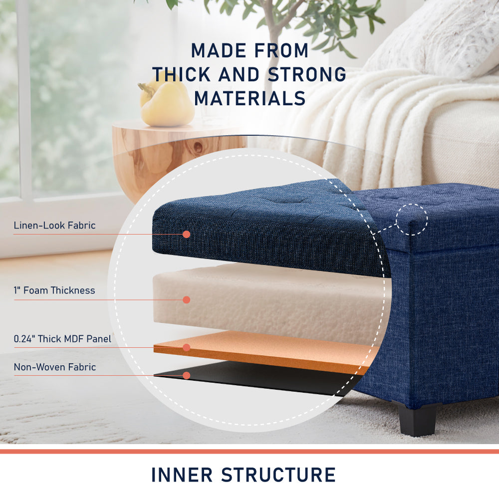 Foldable Tufted 15 Inch Square Linen Storage Ottoman with Legs - Navy