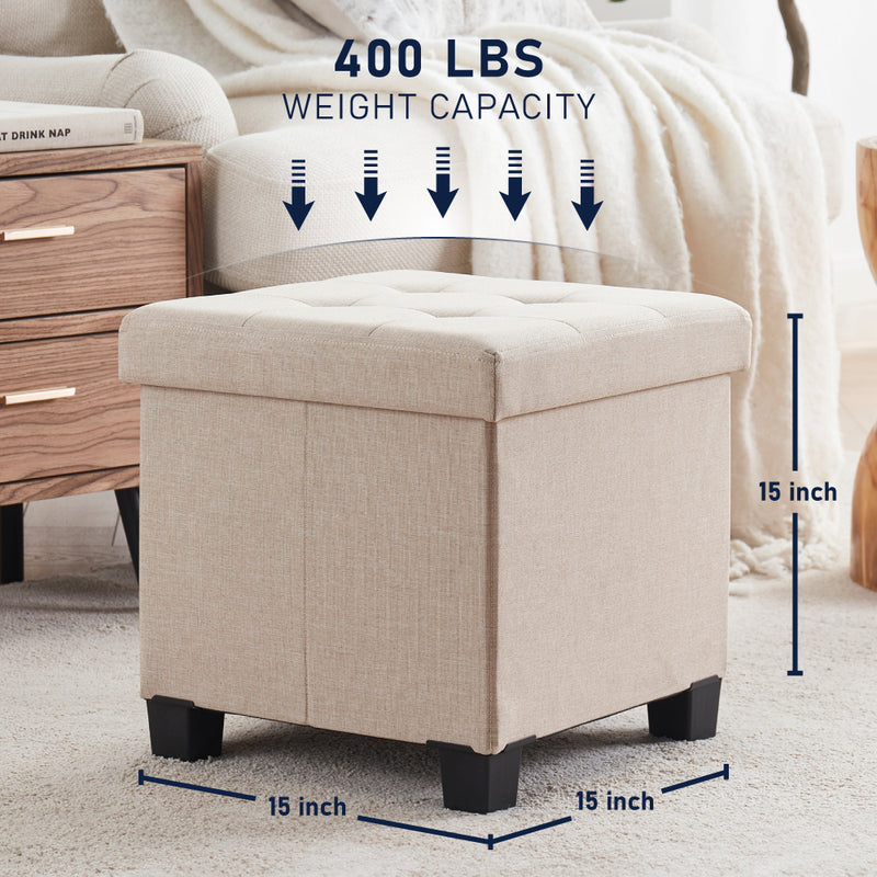 Foldable Tufted 15 Inch Square Linen Storage Ottoman with Legs - Beige