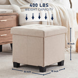 Foldable Tufted 15 Inch Square Linen Storage Ottoman with Legs