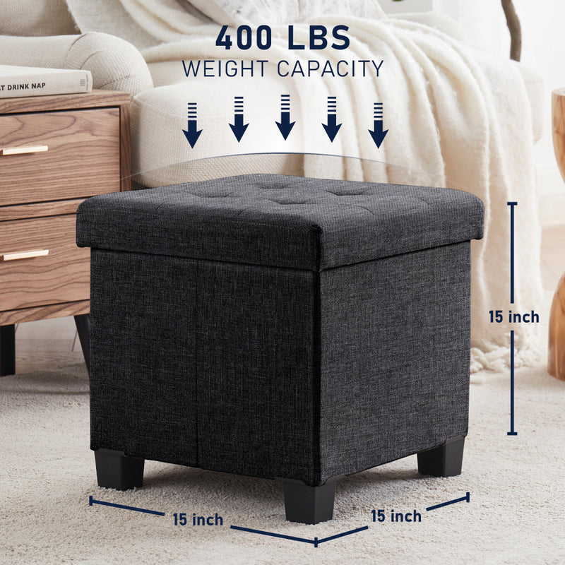 Foldable Tufted 15 Inch Square Linen Storage Ottoman with Legs - Charcoal Gray