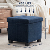 Foldable Tufted 15 Inch Square Linen Storage Ottoman with Legs - Navy