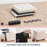 Foldable Tufted 15 Inch Square Linen Storage Ottoman with Legs