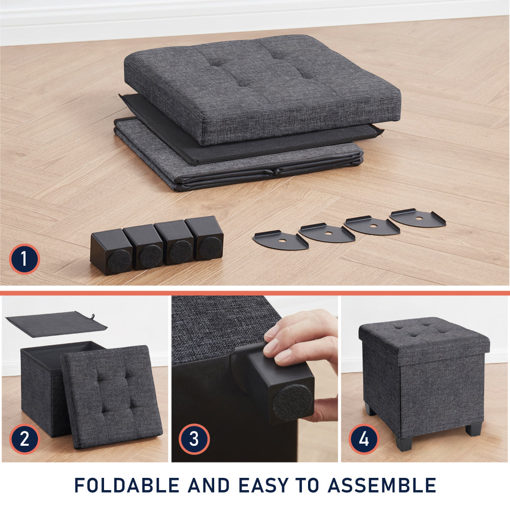 Foldable Tufted 15 Inch Square Linen Storage Ottoman with Legs - Charcoal Gray