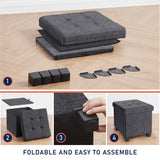 Foldable Tufted 15 Inch Square Linen Storage Ottoman with Legs - Charcoal Gray
