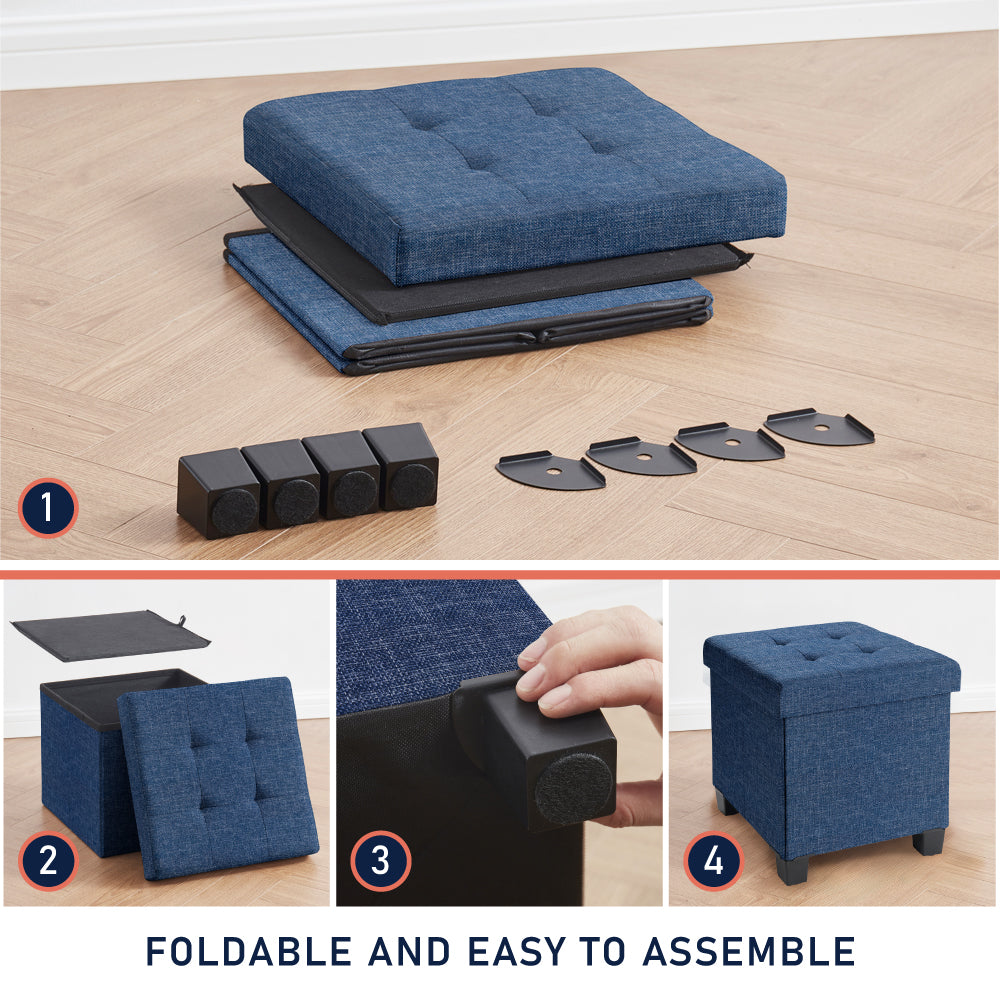 Foldable Tufted 15 Inch Square Linen Storage Ottoman with Legs - Navy