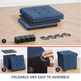 Foldable Tufted 15 Inch Square Linen Storage Ottoman with Legs - Navy