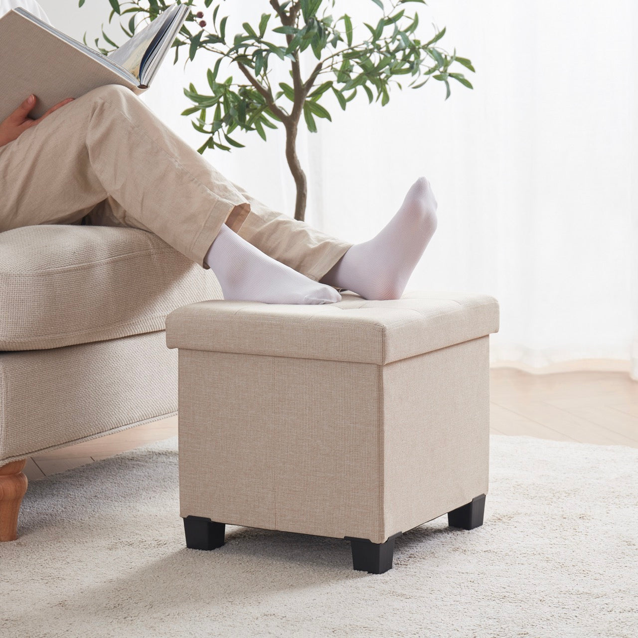 Foldable Tufted 15 Inch Square Linen Storage Ottoman with Legs
